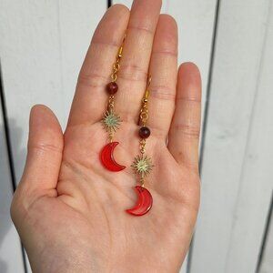 Red Crescent Moon Earrings Gold Sun Dangle Jewelry Lunar Celestial Acrylic Drop
